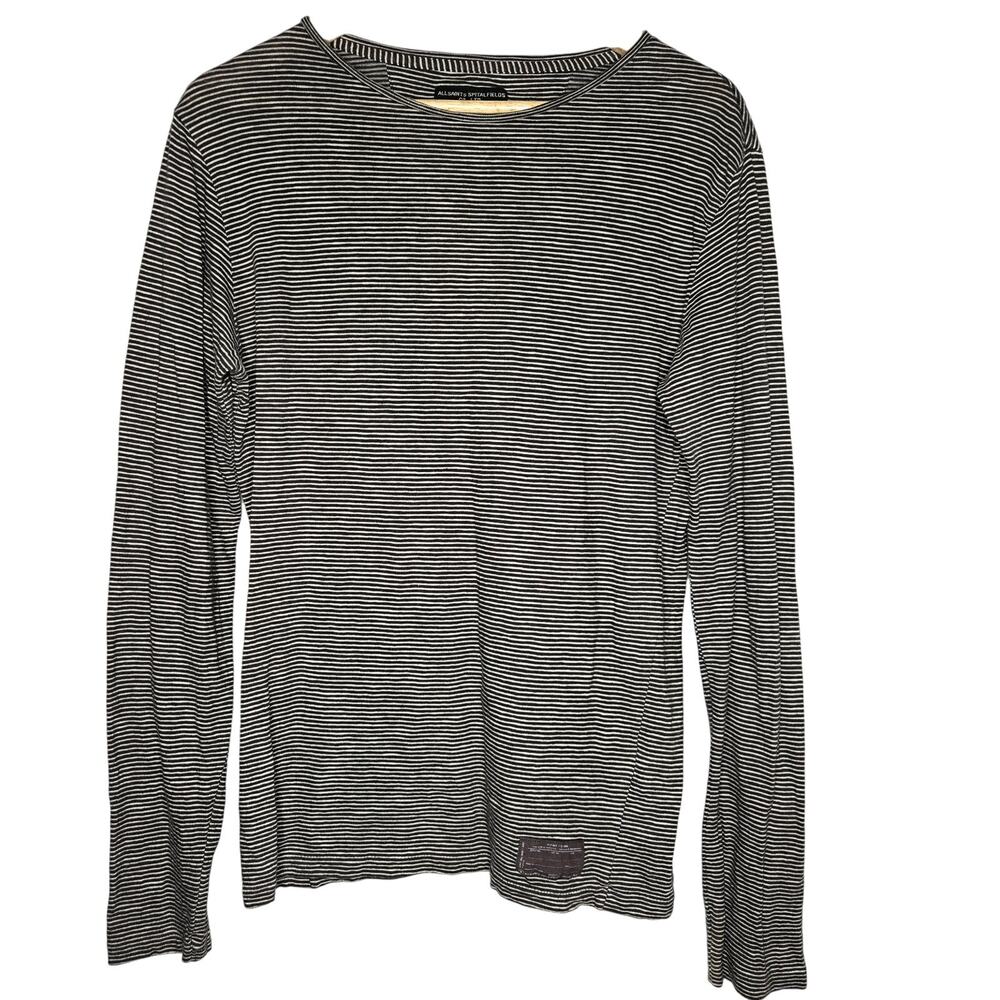 AllSaints Women Classic Minimalist Prep Fisherman Black White Striped Tee Size S